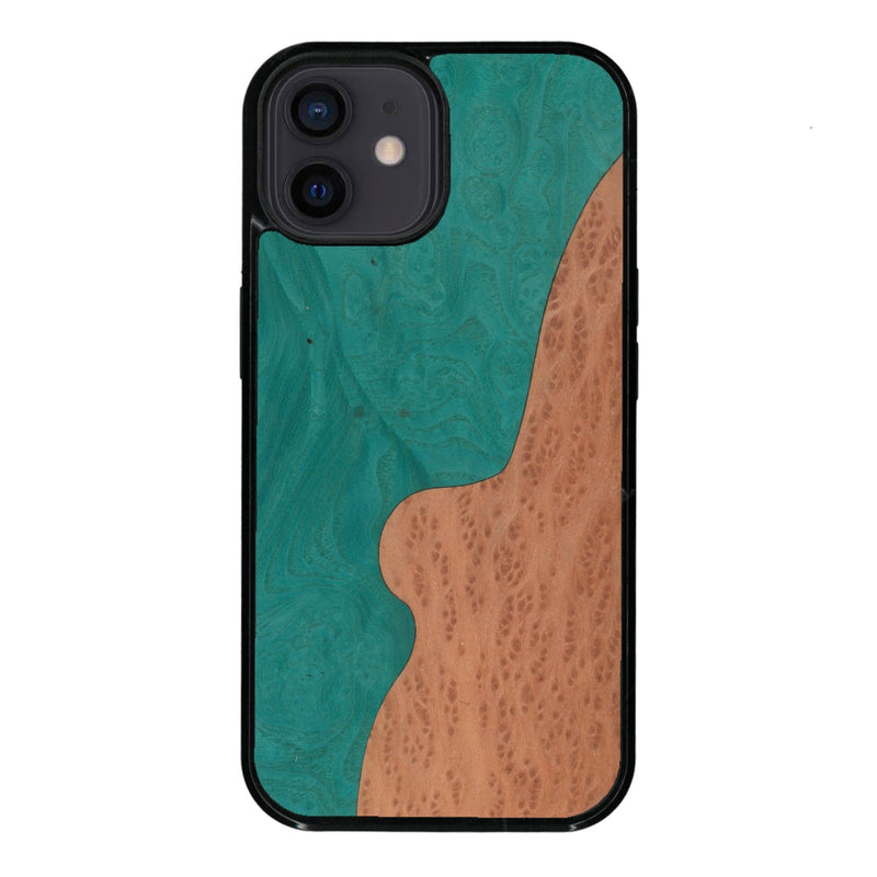 Coque de protection en bois véritable fabriquée en France pour iPhone 12 Mini alliant plusieurs essences de bois pour représenter une plage paradisiaque