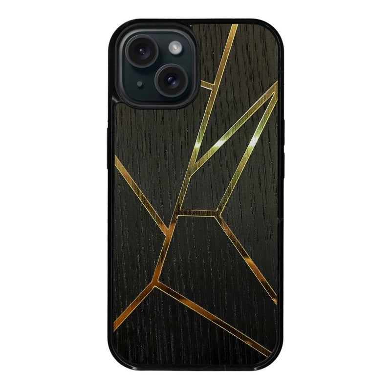 Coque de protection en bois véritable fabriquée en France pour iPhone 13 alliant plusieurs essences de bois pour représenter des fragments design