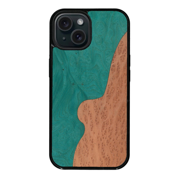 Coque de protection en bois véritable fabriquée en France pour iPhone 13 Mini alliant plusieurs essences de bois pour représenter une plage paradisiaque