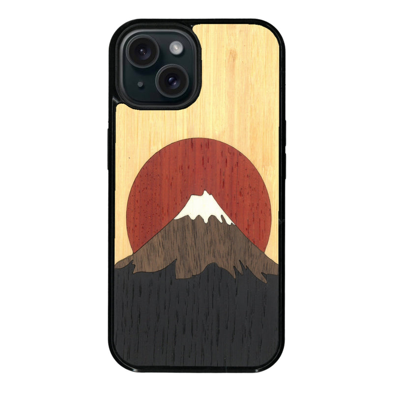 Coque de protection en bois véritable fabriquée en France pour iPhone 13 Mini alliant plusieurs essences de bois pour représenter le mont Fuji