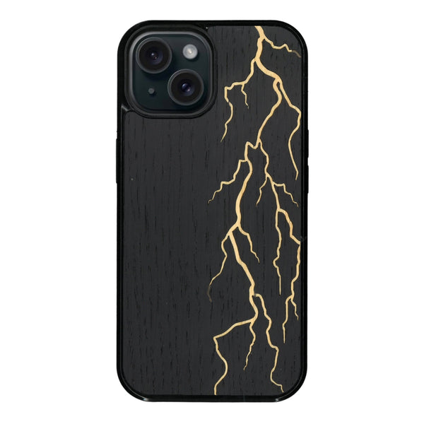 Coque de protection en bois véritable fabriquée en France pour iPhone 13 Mini alliant plusieurs essences de bois pour représenter un éclair divin