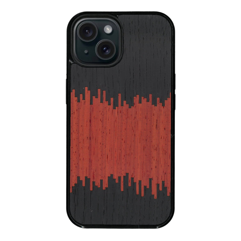 Coque de protection en bois véritable fabriquée en France pour iPhone 13 Mini alliant plusieurs essences de bois pour représenter du magma en fusion