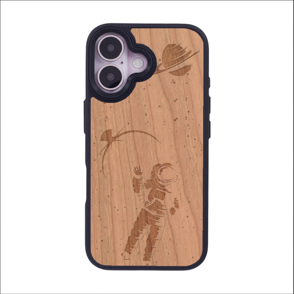 Coque de protection en bois véritable fabriquée en France pour iPhone 16 sur le thème des astronautes