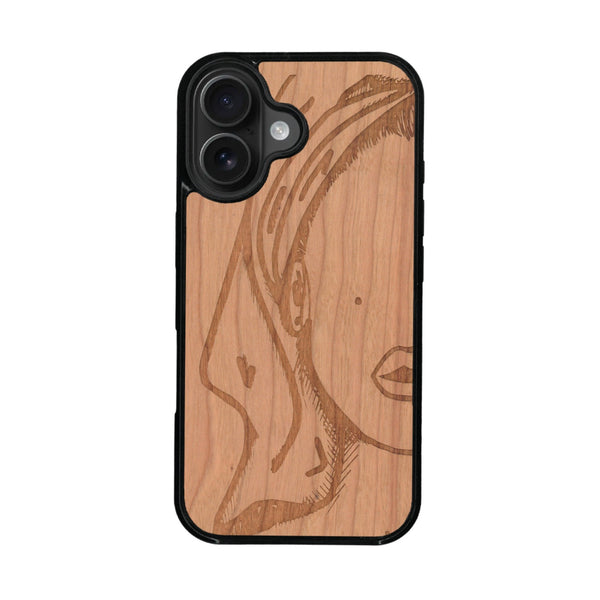 Coque de protection en bois véritable fabriquée en France pour iPhone 16 + MagSafe® représentant une silhouette féminine épurée de type line art en collaboration avec l'artiste Maud Dabs