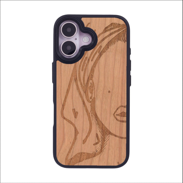 Coque de protection en bois véritable fabriquée en France pour iPhone 16 représentant une silhouette féminine épurée de type line art en collaboration avec l'artiste Maud Dabs