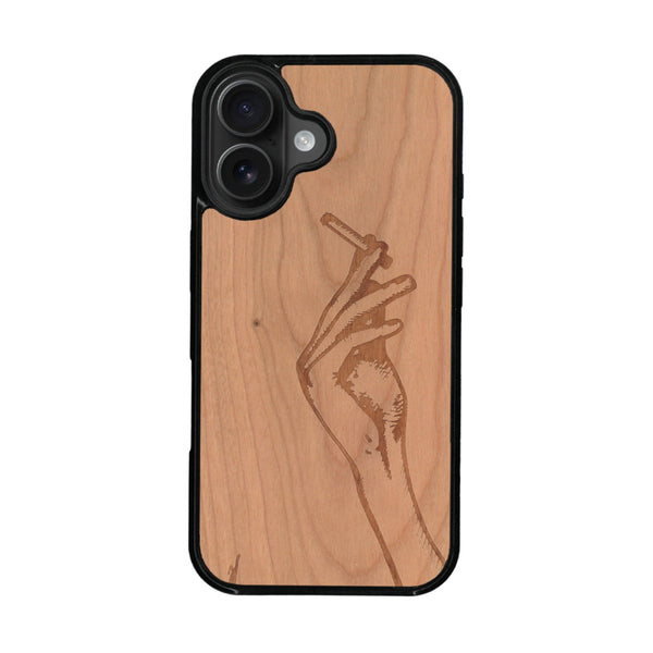 Coque de protection en bois véritable fabriquée en France pour iPhone 16 Plus + MagSafe® représentant une main de femme tenant une cigarette de type line art en collaboration avec l'artiste Maud Dabs