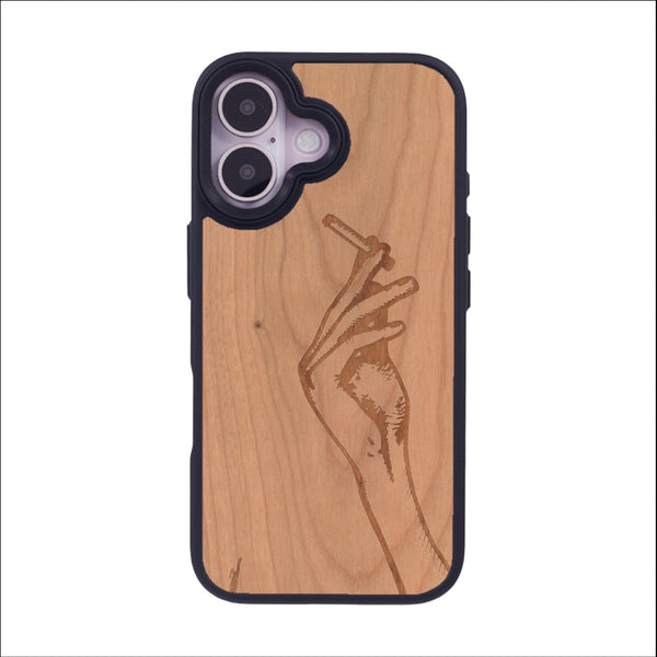 Coque de protection en bois véritable fabriquée en France pour iPhone 16 représentant une main de femme tenant une cigarette de type line art en collaboration avec l'artiste Maud Dabs