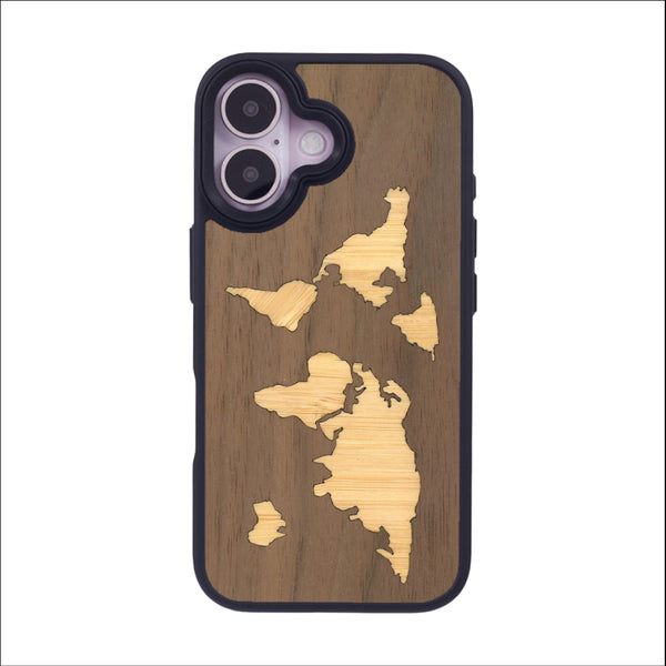 Coque de protection en bois véritable fabriquée en France pour iPhone 16 alliant du bambou et du noyer sur le thème du voyage et de l'aventure représentant une mappemonde