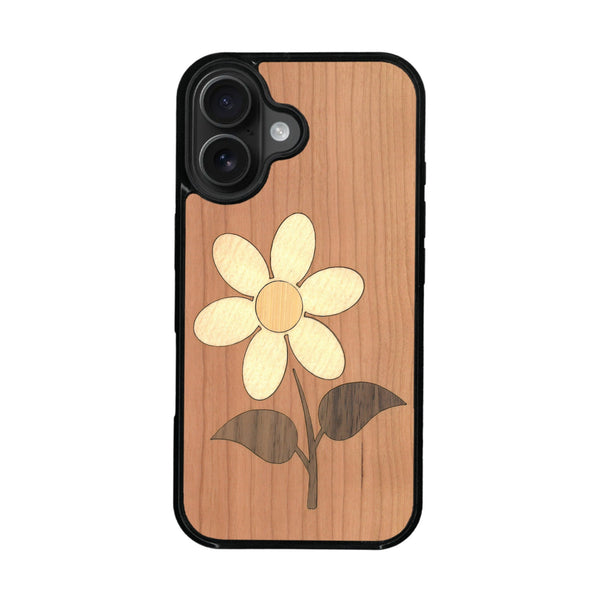 Coque de protection en bois véritable fabriquée en France pour iPhone 16 + MagSafe® alliant plusieurs essences de bois pour représenter une marguerite