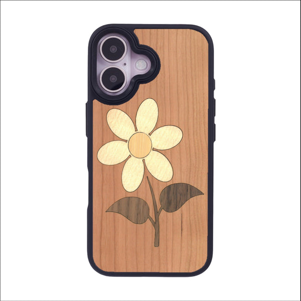 Coque de protection en bois véritable fabriquée en France pour iPhone 16 alliant plusieurs essences de bois pour représenter une marguerite