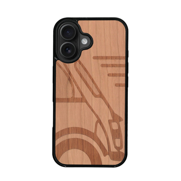 Coque de protection en bois véritable fabriquée en France pour iPhone 16 Plus + MagSafe® sur le thème de l'automobile avec une authentique Mini Cooper