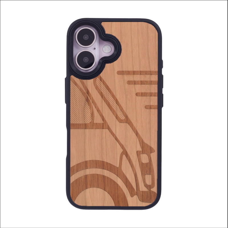 Coque de protection en bois véritable fabriquée en France pour iPhone 16 sur le thème de l'automobile avec une authentique Mini Cooper