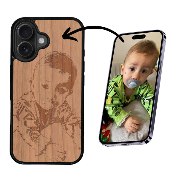 Coque de protection en bois véritable fabriquée en France pour iPhone 16 avec gravure personnalisée à partir d'une photo, d'une image, d'un logo, des initials ou d'une phrase