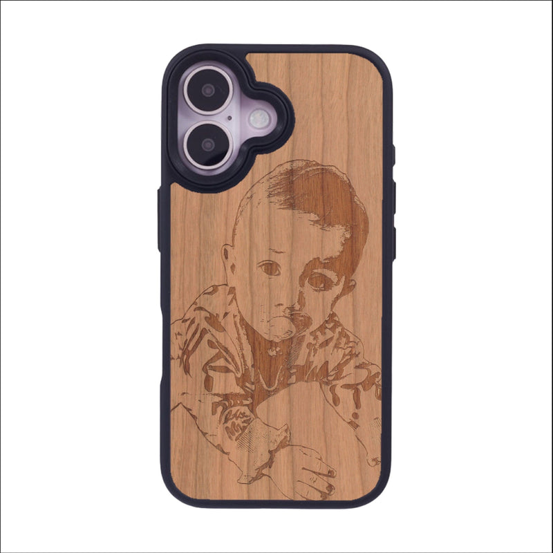 Coque de protection en bois véritable fabriquée en France pour iPhone 16 avec gravure personnalisée à partir d'une photo, d'une image, d'un logo, des initials ou d'une phrase