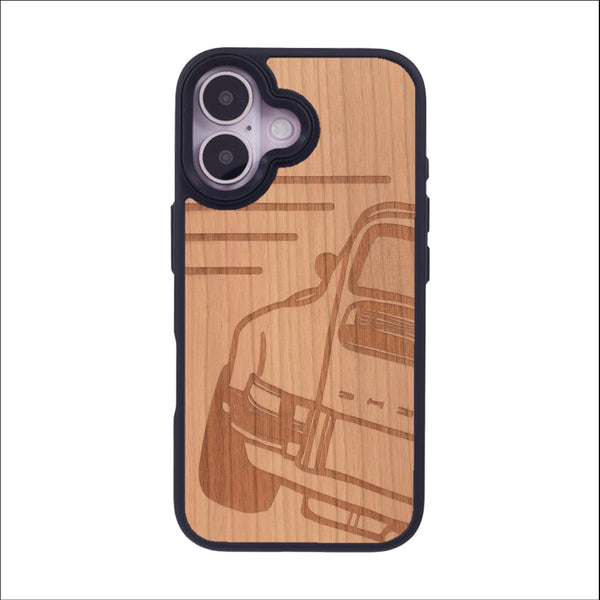 Coque de protection en bois véritable fabriquée en France pour iPhone 16 sur le thème de l'automobile avec une authentique Porsche