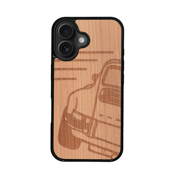 Coque de protection en bois véritable fabriquée en France pour iPhone 16 + MagSafe® sur le thème de l'automobile avec une authentique Porsche