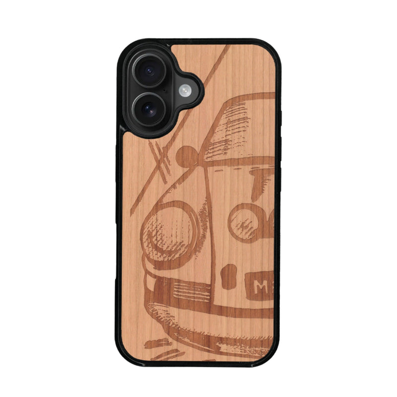 Coque de protection en bois véritable fabriquée en France pour iPhone 16 Plus + MagSafe® sur le thème de l'automobile avec une authentique Porsche