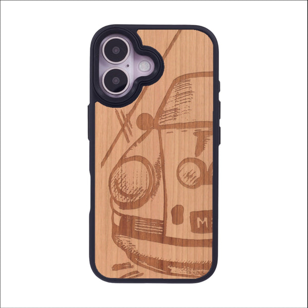 Coque de protection en bois véritable fabriquée en France pour iPhone 16 sur le thème de l'automobile avec une authentique Porsche