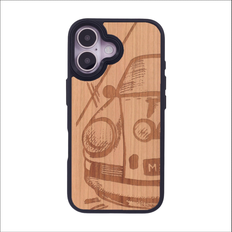 Coque de protection en bois véritable fabriquée en France pour iPhone 16 sur le thème de l'automobile avec une authentique Porsche