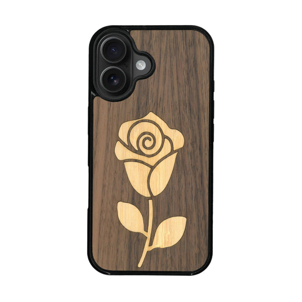 Coque de protection en bois véritable fabriquée en France pour iPhone 16 Plus alliant plusieurs essences de bois pour représenter une rose