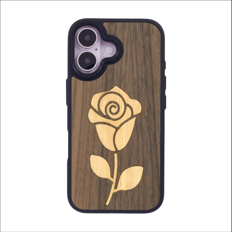 Coque de protection en bois véritable fabriquée en France pour iPhone 16 alliant plusieurs essences de bois pour représenter une rose