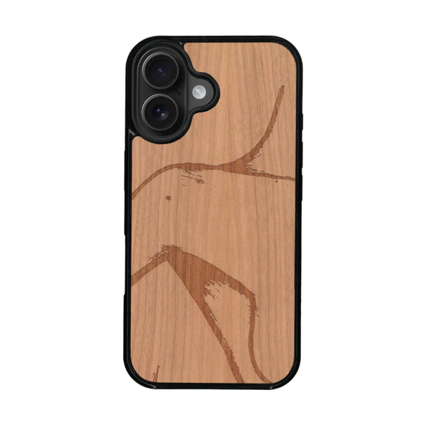 Coque de protection en bois véritable fabriquée en France pour iPhone 16 Plus + MagSafe® représentant une silhouette féminine dessinée à la main par l'artiste Maud Dabs