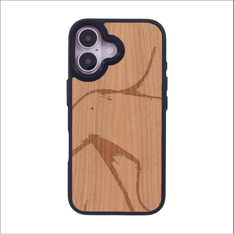 Coque de protection en bois véritable fabriquée en France pour iPhone 16 représentant une silhouette féminine dessinée à la main par l'artiste Maud Dabs