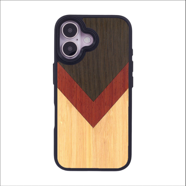 Coque de protection en bois véritable fabriquée en France pour iPhone 16 alliant du chêne fumé, du padouk et du bambou en forme de chevron sur le thème de l'art abstrait