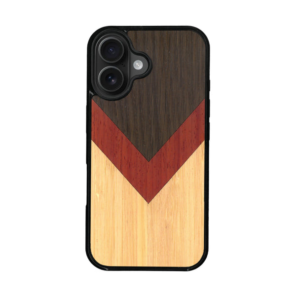 Coque de protection en bois véritable fabriquée en France pour iPhone 16 + MagSafe® alliant du chêne fumé, du padouk et du bambou en forme de chevron sur le thème de l'art abstrait