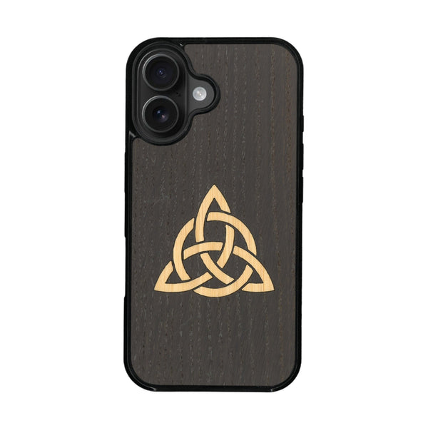 Coque de protection en bois véritable fabriquée en France pour iPhone 16 Plus alliant du chêne fumé et du bambou représentant une triquetra