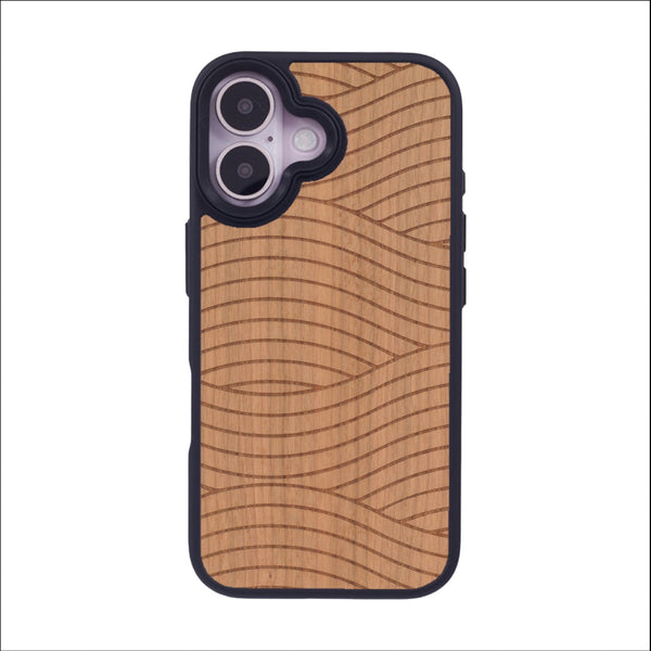 Coque de protection en bois véritable fabriquée en France pour iPhone 16 avec un motif moderne et minimaliste sur le thème waves et wavy représentant les vagues de l'océan