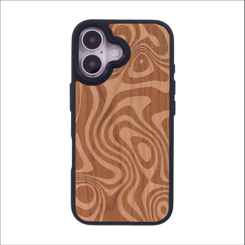 Coque de protection en bois véritable fabriquée en France pour iPhone 16 avec un motif abstrait représentant les mouvements de l'eau