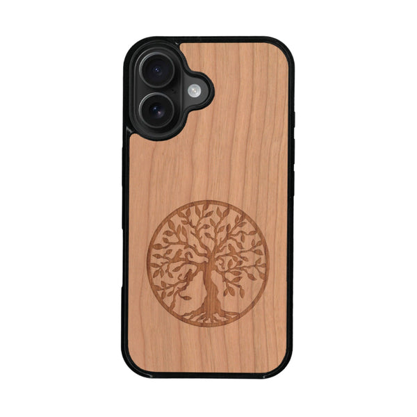 Coque de protection en bois véritable fabriquée en France pour iPhone 16 + MagSafe® sur le thème de la spiritualité et du yoga avec une gravure zen représentant un arbre de vie