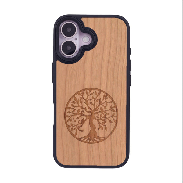 Coque de protection en bois véritable fabriquée en France pour iPhone 16 sur le thème de la spiritualité et du yoga avec une gravure zen représentant un arbre de vie