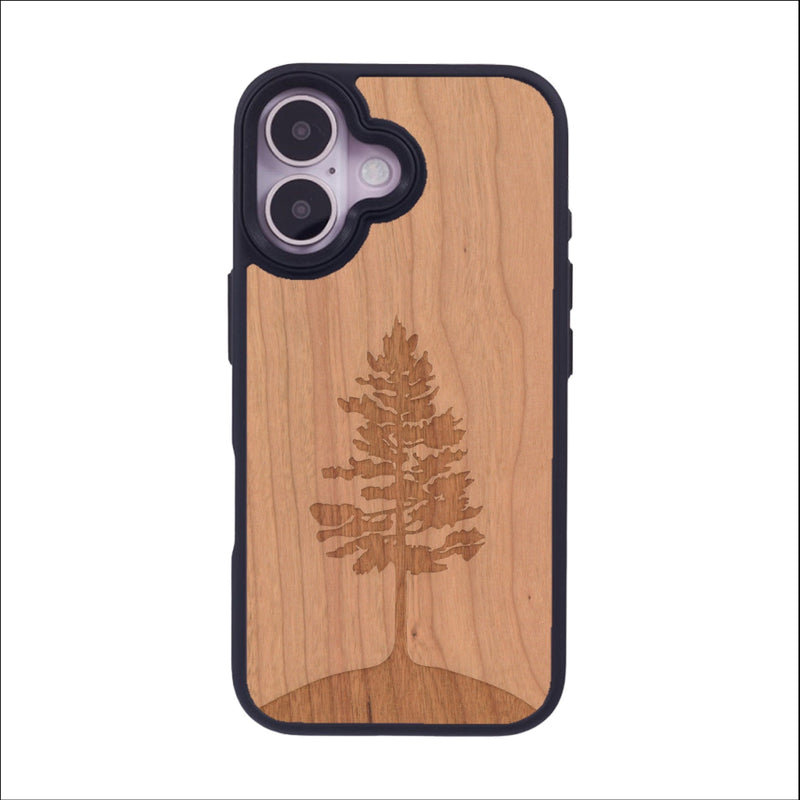 Coque de protection en bois véritable fabriquée en France pour iPhone 16 sur le thème de la nature, de la fôret et de l'écoresponsabilité avec une gravure représentant un arbre 