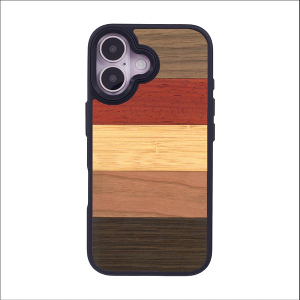 Coque de protection en bois véritable fabriquée en France pour iPhone 16 alliant des bandes horizontales de bambou, merisier, padouk, noyer et chêne fumé