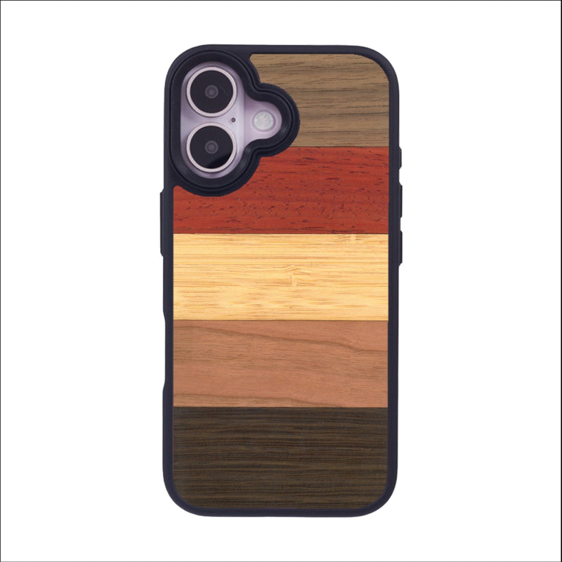 Coque de protection en bois véritable fabriquée en France pour iPhone 16 alliant des bandes horizontales de bambou, merisier, padouk, noyer et chêne fumé