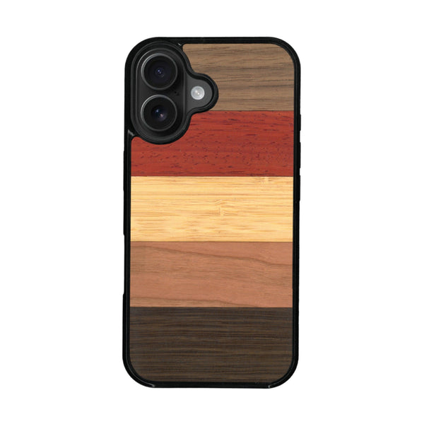 Coque de protection en bois véritable fabriquée en France pour iPhone 16 + MagSafe® alliant des bandes horizontales de bambou, merisier, padouk, noyer et chêne fumé