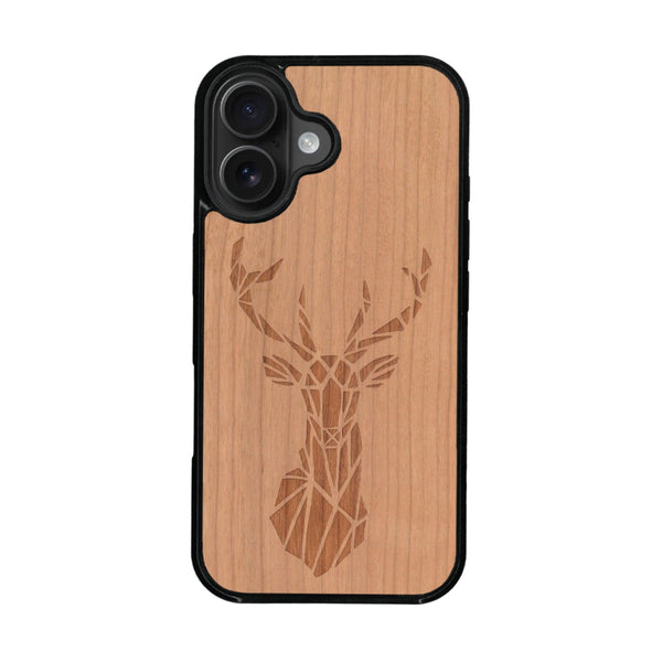 Coque de protection en bois véritable fabriquée en France pour iPhone 16 + MagSafe® sur le thème de la nature et des animaux représentant une tête de cerf gométrique avec un design moderne et minimaliste