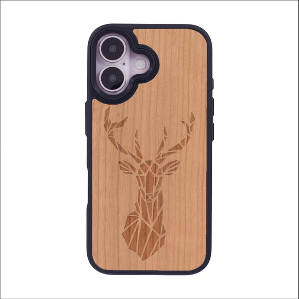 Coque de protection en bois véritable fabriquée en France pour iPhone 16 sur le thème de la nature et des animaux représentant une tête de cerf gométrique avec un design moderne et minimaliste