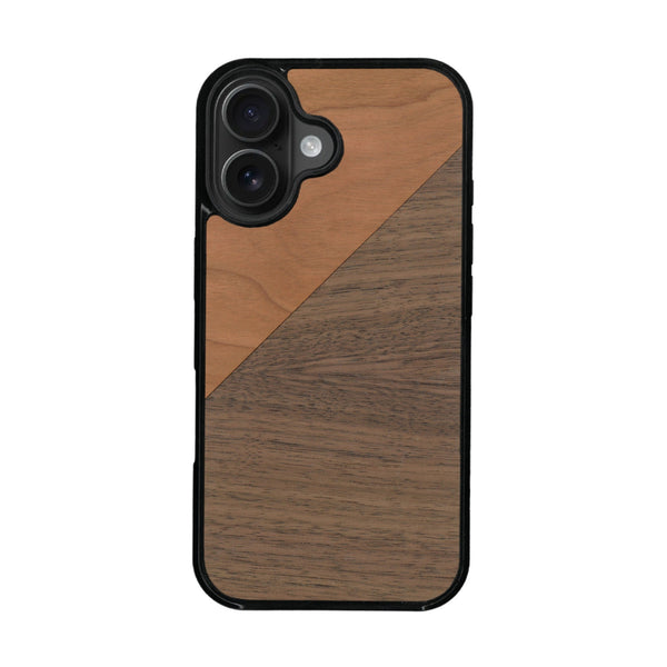 Coque de protection en bois véritable fabriquée en France pour iPhone 16 alliant du merisier et du noyer formant chacun un triangle avec une jointure en diagonale sur le thème de l'art abstrait