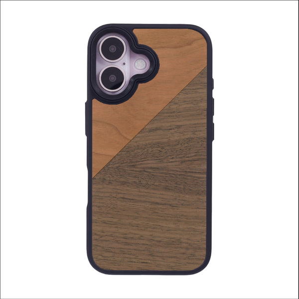 Coque de protection en bois véritable fabriquée en France pour iPhone 16 alliant du merisier et du noyer formant chacun un triangle avec une jointure en diagonale sur le thème de l'art abstrait