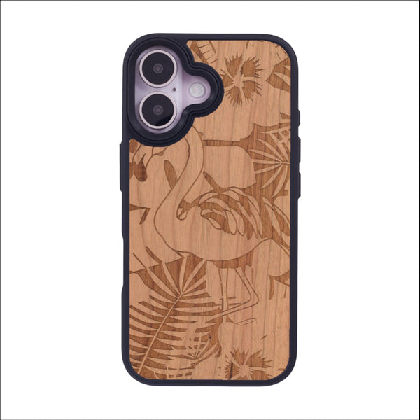 Coque de protection en bois véritable fabriquée en France pour iPhone 16 sur le thème de la nature et des animaux représentant un flamant rose entre des fougères