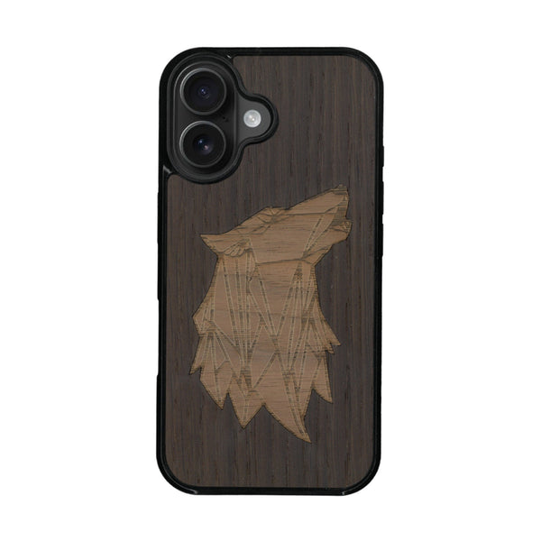 Coque de protection en bois véritable fabriquée en France pour iPhone 16 alliant du chêne fumé et du noyer représentant une tête de loup géométrique de profil sur le thème des animaux et de la nature