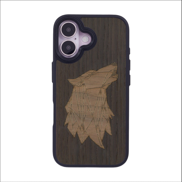 Coque de protection en bois véritable fabriquée en France pour iPhone 16 alliant du chêne fumé et du noyer représentant une tête de loup géométrique de profil sur le thème des animaux et de la nature