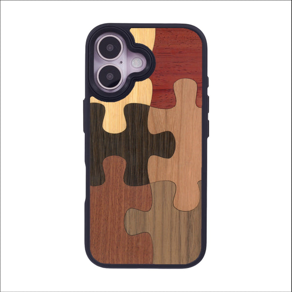 Coque de protection en bois véritable fabriquée en France pour iPhone 16 représentant un puzzle en six pièces qui allie du chêne fumé, du noyer, du bambou, du padouk, du merisier et de l'acajou