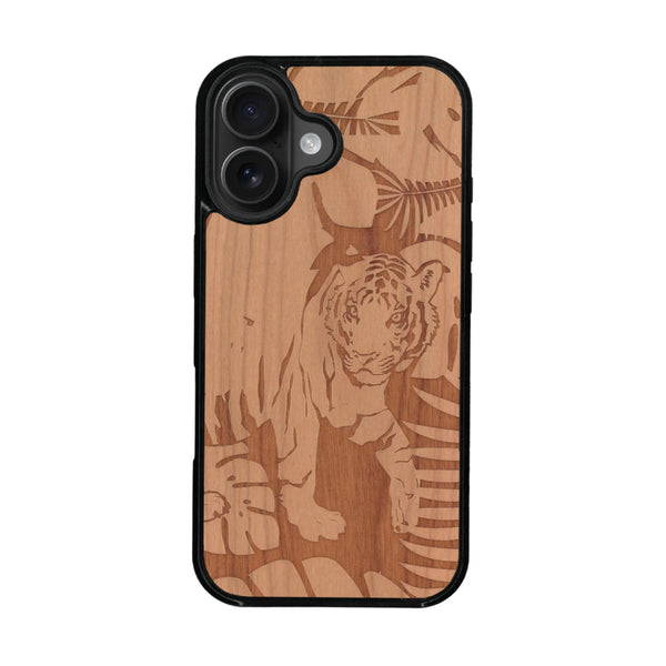 Coque de protection en bois véritable fabriquée en France pour iPhone 16 Plus + MagSafe® sur le thème de la nature et des animaux représentant un tigre dans la jungle entre des fougères