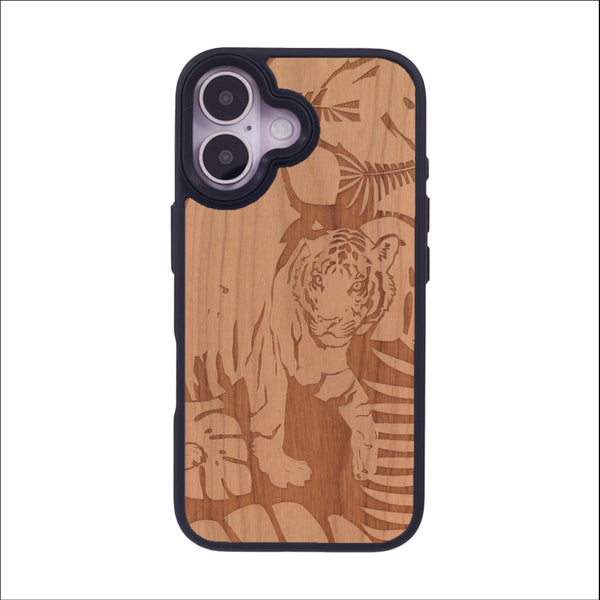 Coque de protection en bois véritable fabriquée en France pour iPhone 16 sur le thème de la nature et des animaux représentant un tigre dans la jungle entre des fougères