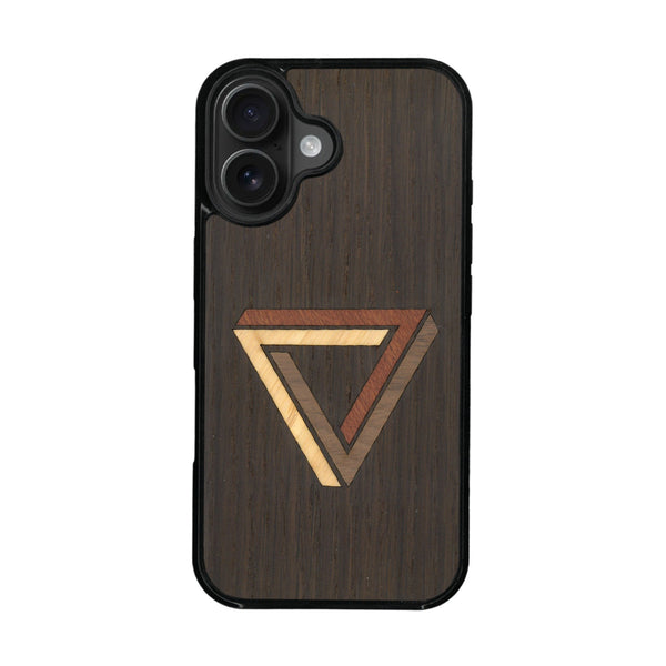 Coque de protection en bois véritable fabriquée en France pour iPhone 16 Plus + MagSafe® sur le thème de l'art géométrique qui allie du chêne fumé, du noyer, du bambou et du padouk représentant le triangle de penrose