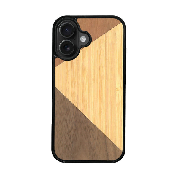 Coque de protection en bois véritable fabriquée en France pour iPhone 16 Plus alliant du merisier, du noyer et du bambou formant chacun deux triangles et un trapèze avec deux jointures en diagonale sur le thème de l'art abstrait